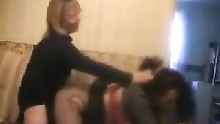 GIrl-girl strapon fuck, with hairpulling