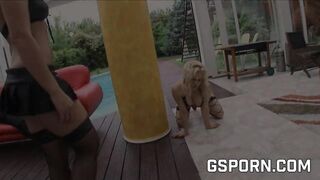 Threesome of mistress, slave, and man fucking asses