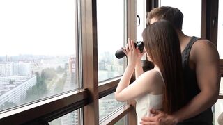 The Hawt Bodies of a Youthful Pair Joined in Hawt Vehement Sex on a Balcony Overlooking the Town