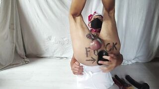 servenaked in peniscage bound up at his feet alone in his chamber playing with the dildos in homo butt, at least two same time