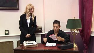 Blond office whore loves cum in her throat