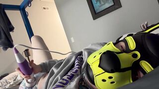 Yellow pup humps buzz wand and desperately tries to cum in soggy diaper