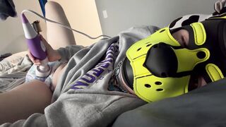 Yellow pup humps buzz wand and desperately tries to cum in soggy diaper