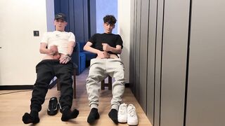 2 guys wanking uncut weenie and cum
