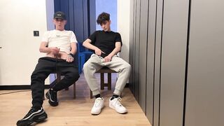 2 guys wanking uncut weenie and cum