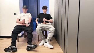 2 guys wanking uncut weenie and cum