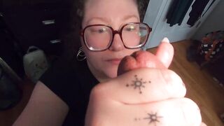 Obese white cutie with Glasses chokes on jock and swallows cum