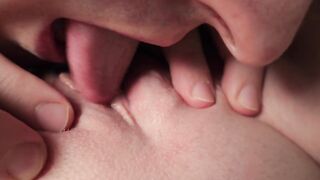 The tongue brings the love button to climax several times in a close-up