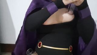 Femboy Raven with Puffy Nipps Lactating her Bazookas with Milking Vacuum Machine
