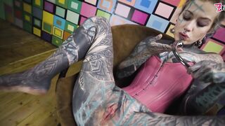 Solo Anal Masturbation - Pink Lace Corset and Metallic Toy
