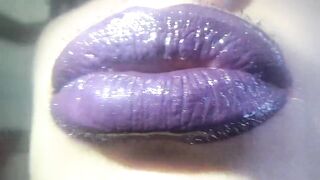 Purple glossy lips! Giving a kiss and duck face fetishes!!