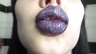 Purple glossy lips! Giving a kiss and duck face fetishes!!