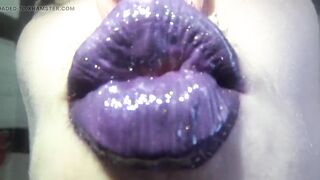 Purple glossy lips! Giving a kiss and duck face fetishes!!