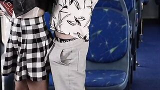 Stranger sneaks up behind female college students on the bus!