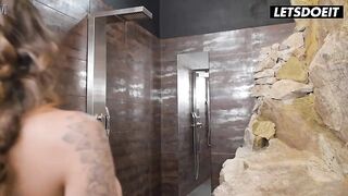 This guy Came All Over Her Large Boobs After a Sloppy Titjob... Then 2 Latinas Eat Vagina in the Shower