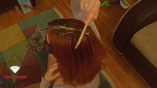 Wife combs semen into her hair after banging and tittyjob.