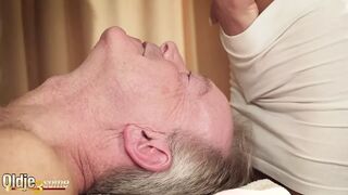 Grandad gets oil massage from 2 nice-looking teen beauties