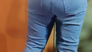 Despairing bulky mother I'd like to fuck pees in blue jeans