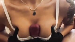 Hawt blond stepsister gives me tit jerk off in brassiere with latex gloves