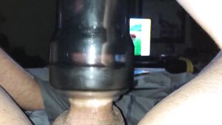 Hawt stud discharges large load all over himself with rotating flesh light