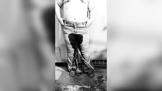 Older big beautiful woman locked in basement pees in her jeans