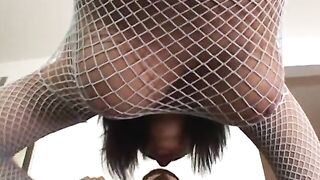 Enchanting bazookas brunette hair in white fishnet top gets cum after super screw on sofa