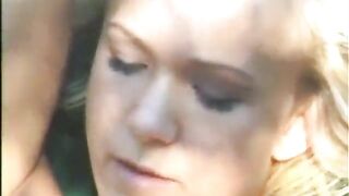 Youthful blond opens her legs wide to get a thick dick in her twat outdoors