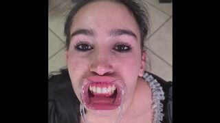 French maid tries to gulp her own void urine throughout lip retractor - laughable fail