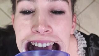 French maid tries to gulp her own void urine throughout lip retractor - laughable fail
