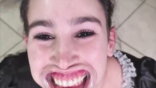 French maid tries to gulp her own void urine throughout lip retractor - laughable fail