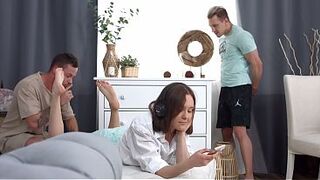 Tiny teen takes part in Male+Male+Female trio