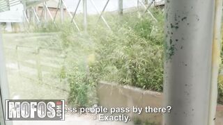 Tiny Brunette hair Mia Navarro Rides A Large Dong Outdoors