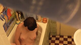 Stepmom goes to washroom, wanks cunt, student stepson watches