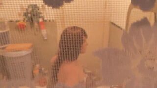 Stepmom goes to washroom, wanks cunt, student stepson watches