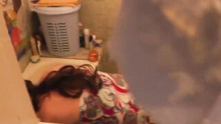 Stepmom goes to washroom, wanks cunt, student stepson watches