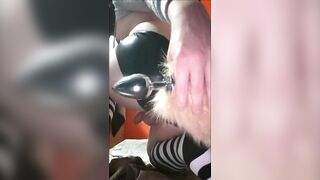 Crossdressing Femboy Twink rides bad dragon vibrator and gags on it