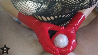 Tugjob - Ruined fast two times in red latex gloves using tenga egg