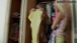 Golden-haired beauties have a fun getting their butts fucked by a huge dong