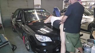 Cute tiny hotty with tiny melons gets her hairless cunt banged in garage
