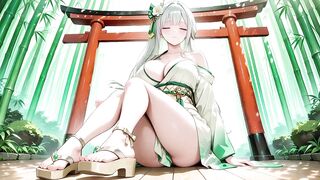 Silver-haired Shrine Maiden Secrets! Languidly Reclining in a Red Corridor, Her Stripped Shoulders and Lush Haunches Bare