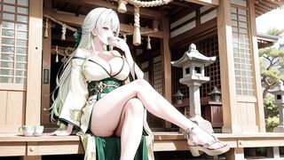 Silver-haired Shrine Maiden Secrets! Languidly Reclining in a Red Corridor, Her Stripped Shoulders and Lush Haunches Bare
