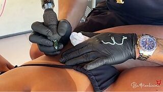 The golden-haired paid for the tattoo with her twat 'cuz it was smooth.