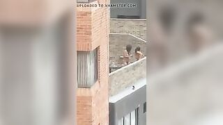 Lesbian strap-on on rooftop