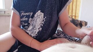 Stepson's morning hand job and ramrod sucking from stepmom