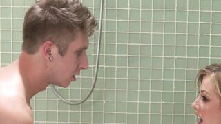 Awesome blond mother I'd like to fuck fucked by 2 guys in the washroom like a floozy