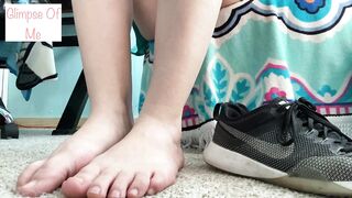 naked foot, putting on knee high socks, and nike shoes - glimpseofme