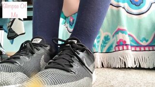 naked foot, putting on knee high socks, and nike shoes - glimpseofme
