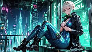 AI-generated- Cyber Agent's Intimate Night! The golden-haired siren in her neon tactical costume lounges seductively inside the high-tech command center.
