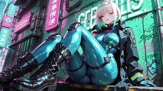 AI-generated- Cyber Agent's Intimate Night! The golden-haired siren in her neon tactical costume lounges seductively inside the high-tech command center.