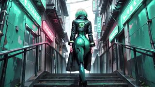 AI-generated- Cyber Agent's Intimate Night! The golden-haired siren in her neon tactical costume lounges seductively inside the high-tech command center.